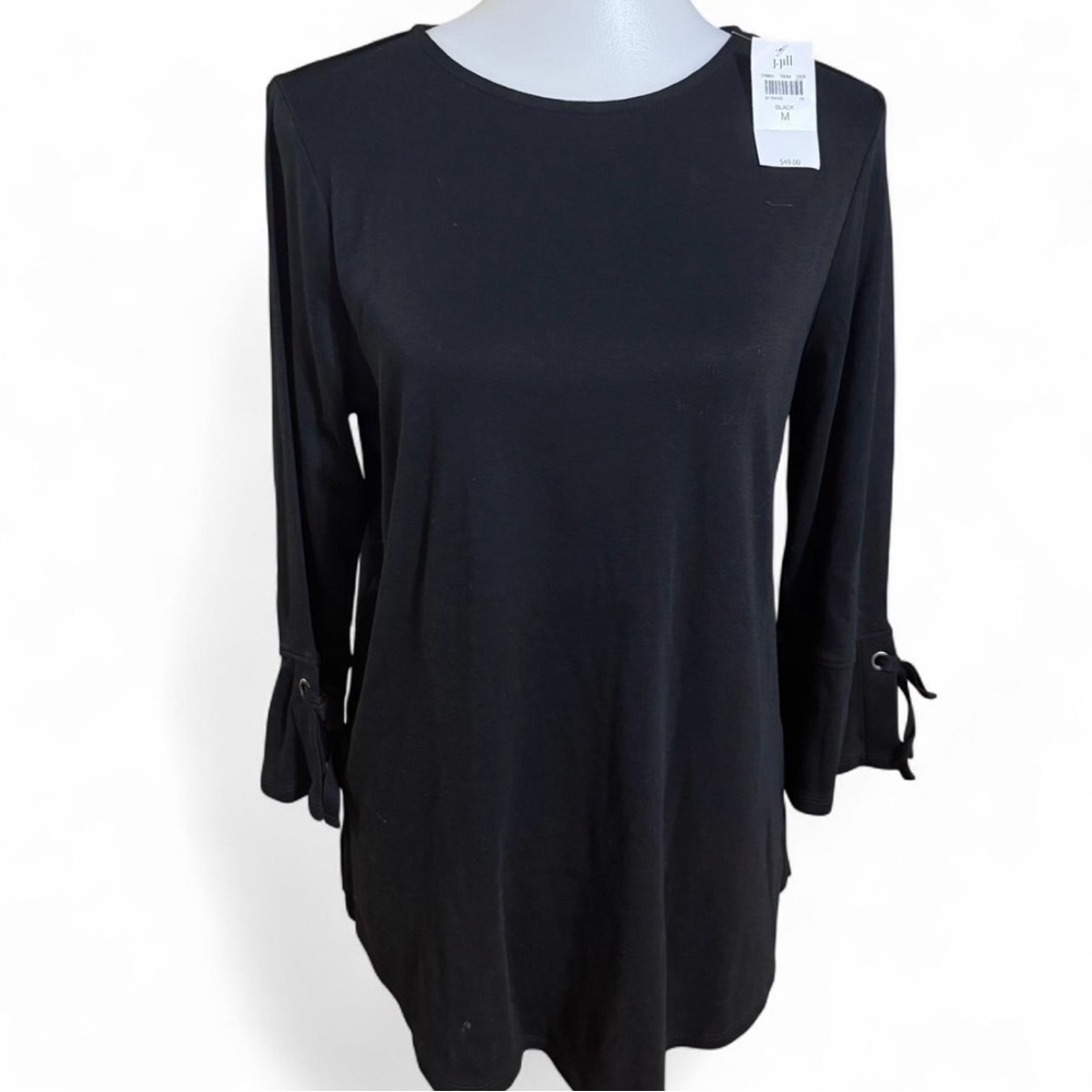 NWT J. Jill Black Pima Cotton Blouse with Tie Sleeves M